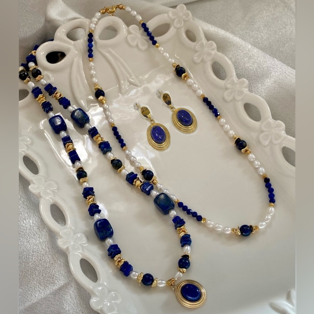 GP7-Handmade High Quality Freshwater Pearl And Lapis Lazuli 3pcs Set